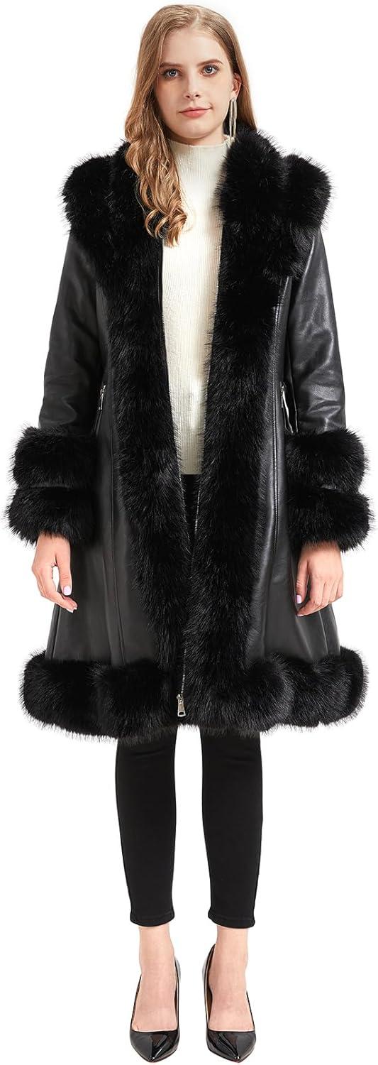 imageGRAN ORIENTE Womens Faux Leather Jacket with Faux Fur Collar Winter Long Sleeve Furry Trim Peplum Parka Coat with BeltApricot Long Zipper