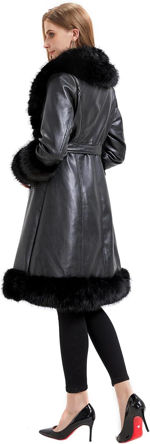 imageGRAN ORIENTE Womens Faux Leather Jacket with Faux Fur Collar Winter Long Sleeve Furry Trim Peplum Parka Coat with BeltApricot Long Zipper