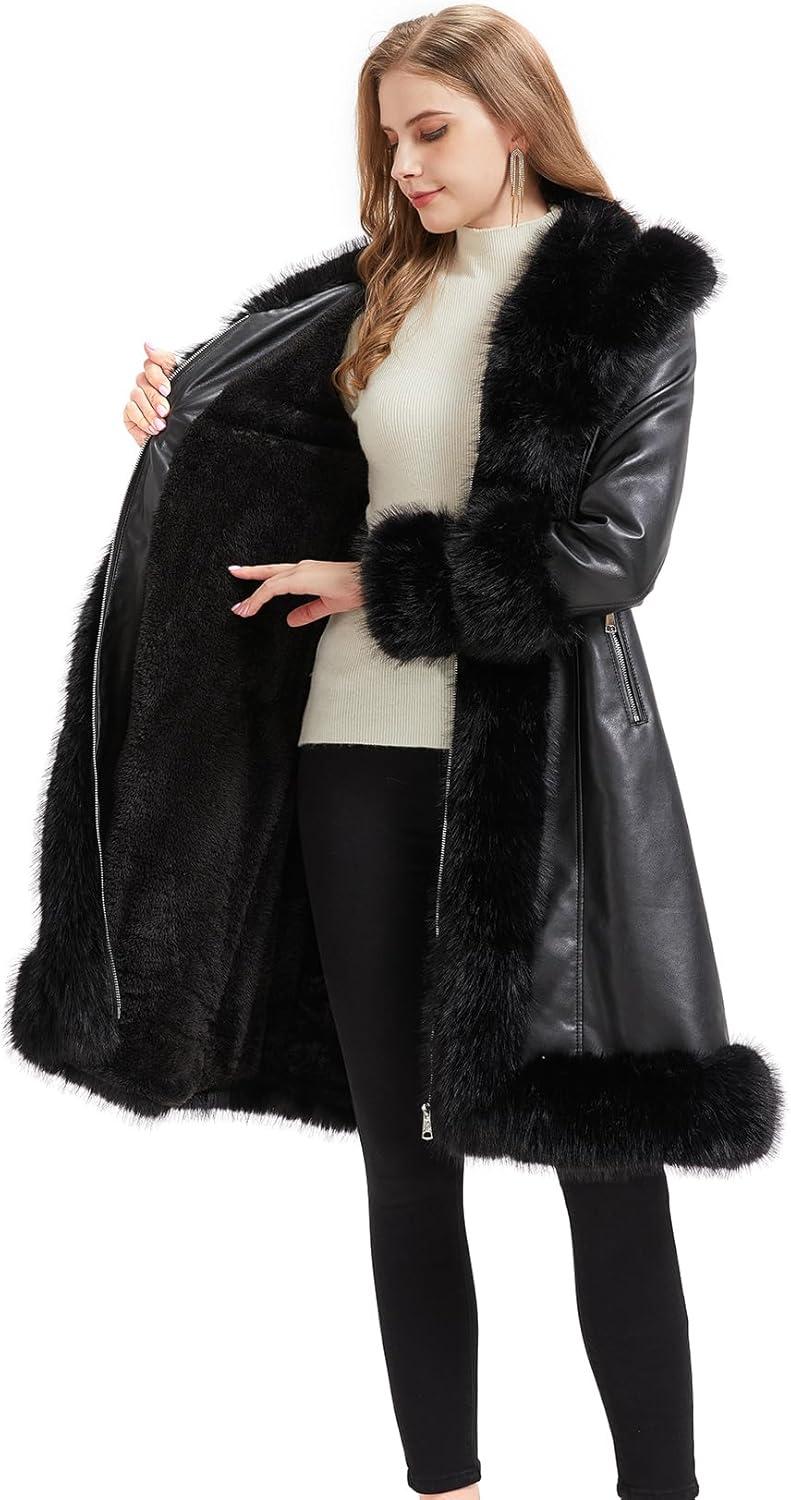 imageGRAN ORIENTE Womens Faux Leather Jacket with Faux Fur Collar Winter Long Sleeve Furry Trim Peplum Parka Coat with BeltApricot Long Zipper