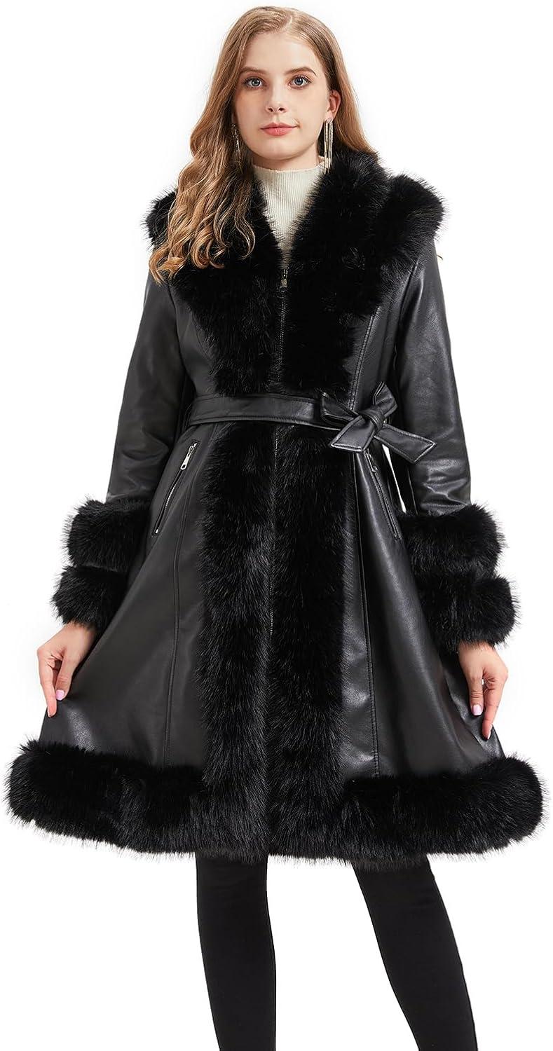 imageGRAN ORIENTE Womens Faux Leather Jacket with Faux Fur Collar Winter Long Sleeve Furry Trim Peplum Parka Coat with BeltApricot Long Zipper