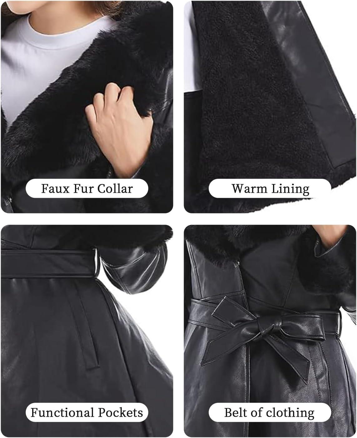 imageGRAN ORIENTE Womens Faux Leather Jacket with Faux Fur Collar Winter Long Sleeve Furry Trim Peplum Parka Coat with BeltBlack