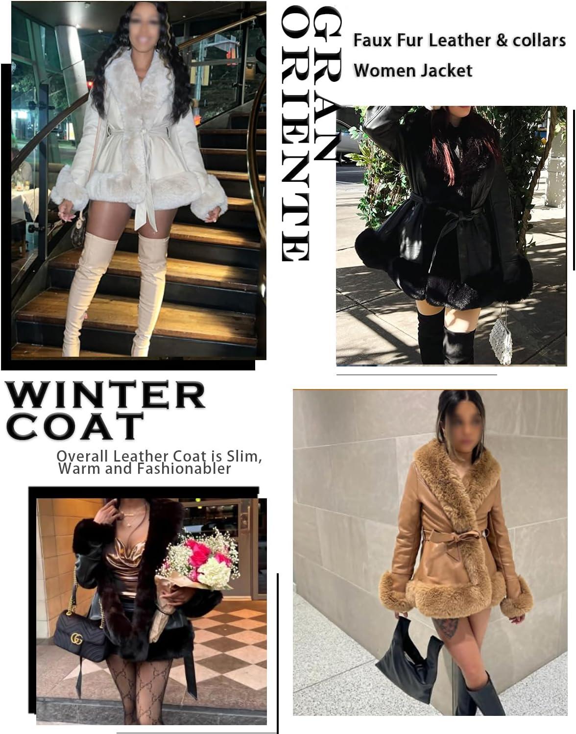 imageGRAN ORIENTE Womens Faux Leather Jacket with Faux Fur Collar Winter Long Sleeve Furry Trim Peplum Parka Coat with BeltBlack