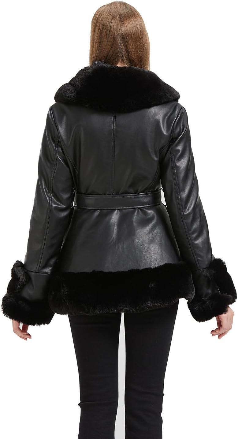 imageGRAN ORIENTE Womens Faux Leather Jacket with Faux Fur Collar Winter Long Sleeve Furry Trim Peplum Parka Coat with BeltBlack
