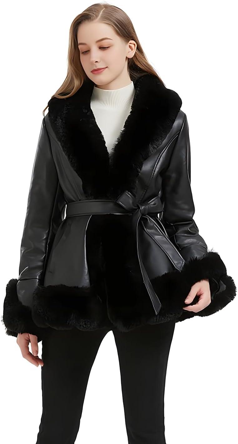 imageGRAN ORIENTE Womens Faux Leather Jacket with Faux Fur Collar Winter Long Sleeve Furry Trim Peplum Parka Coat with BeltBlack