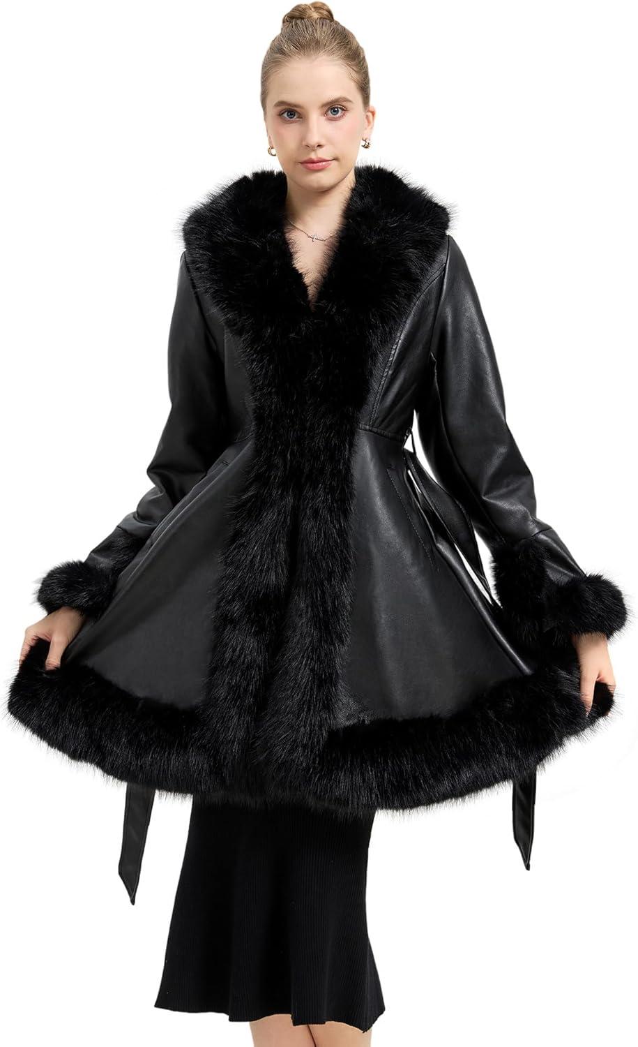 imageGRAN ORIENTE Womens Faux Leather Jacket with Faux Fur Collar Winter Long Sleeve Furry Trim Peplum Parka Coat with BeltBlack Long