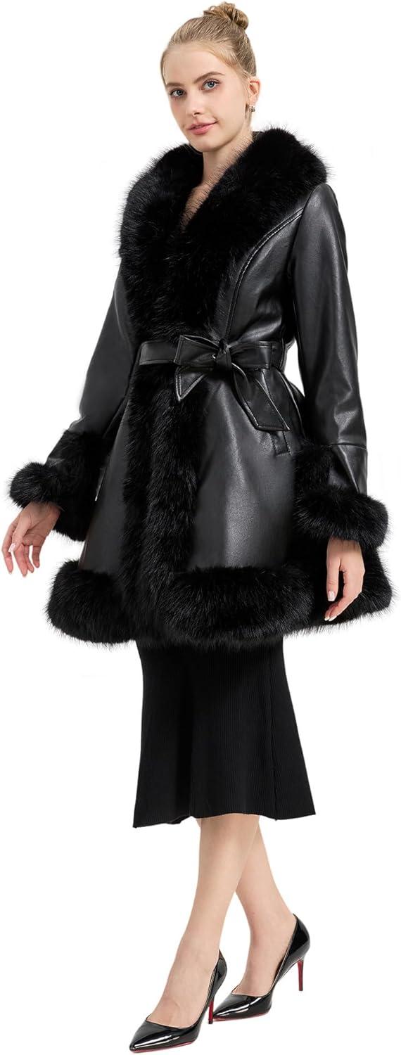 imageGRAN ORIENTE Womens Faux Leather Jacket with Faux Fur Collar Winter Long Sleeve Furry Trim Peplum Parka Coat with BeltBlack Long