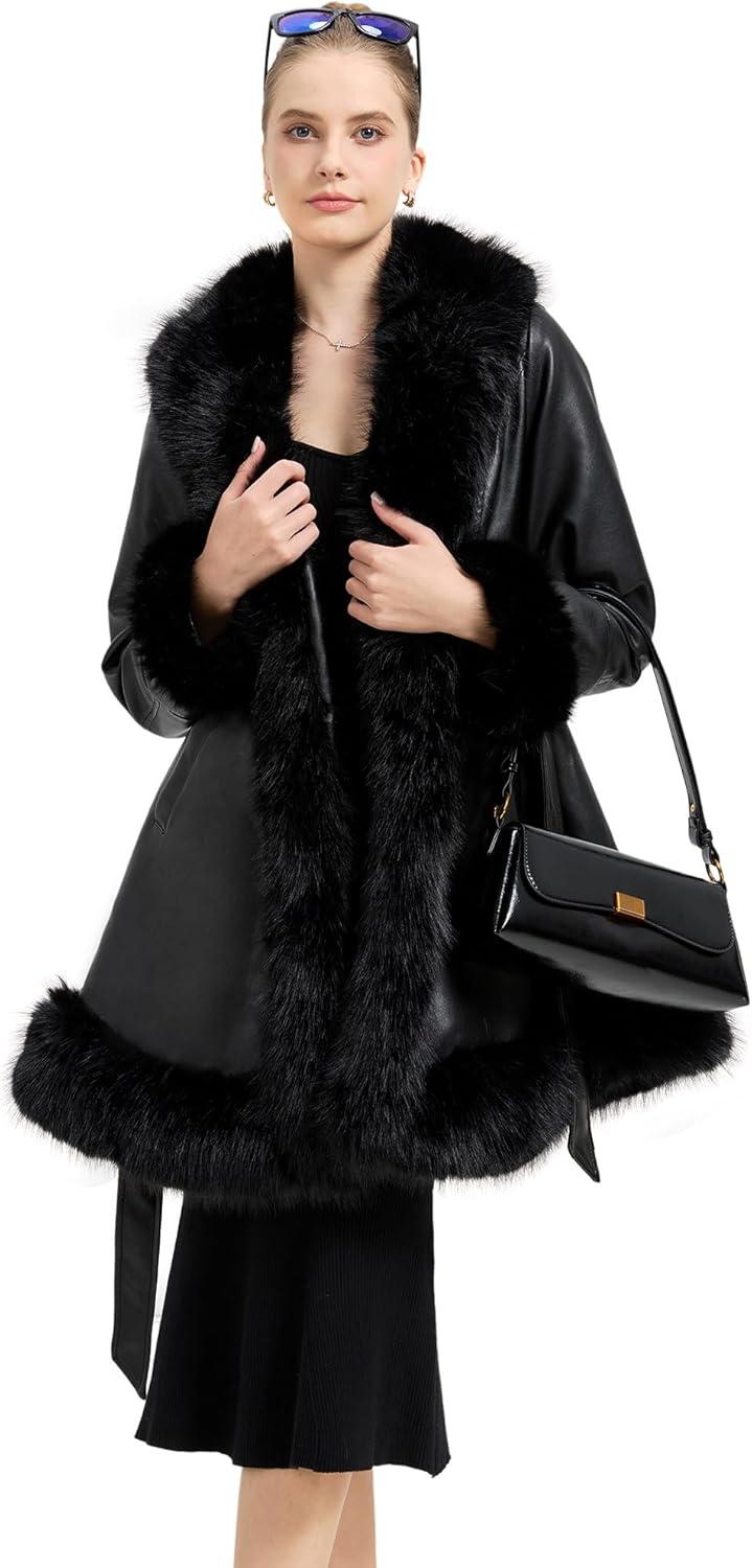 imageGRAN ORIENTE Womens Faux Leather Jacket with Faux Fur Collar Winter Long Sleeve Furry Trim Peplum Parka Coat with BeltBlack Long