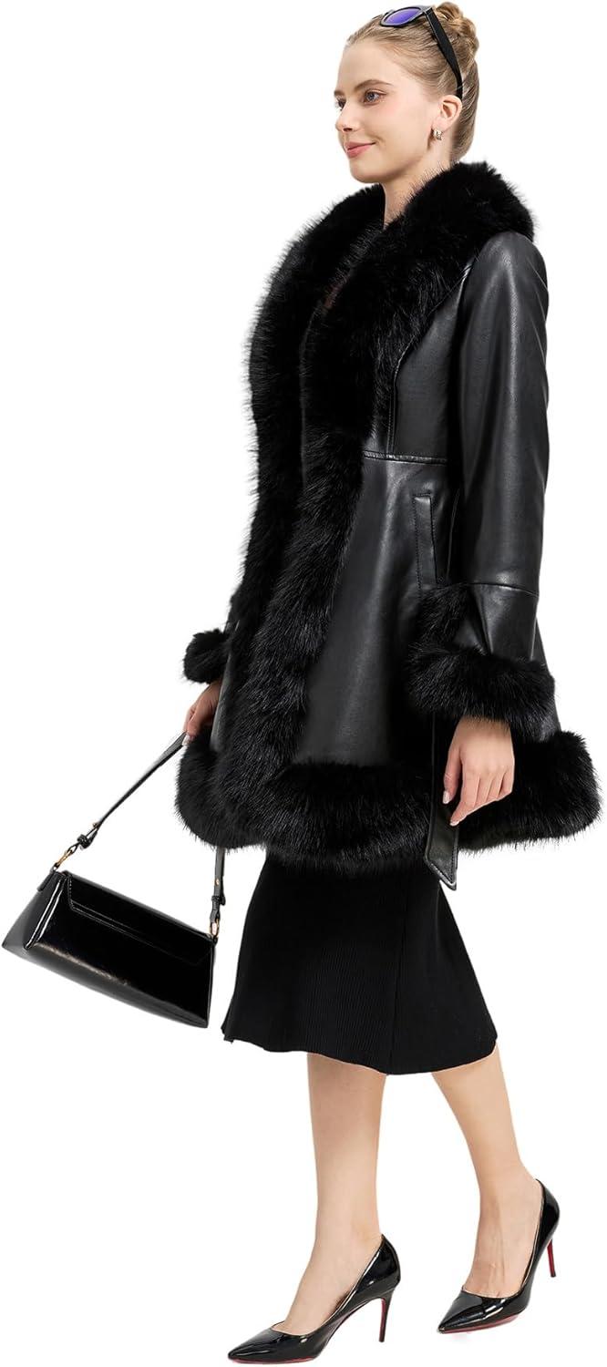 imageGRAN ORIENTE Womens Faux Leather Jacket with Faux Fur Collar Winter Long Sleeve Furry Trim Peplum Parka Coat with BeltBlack Long