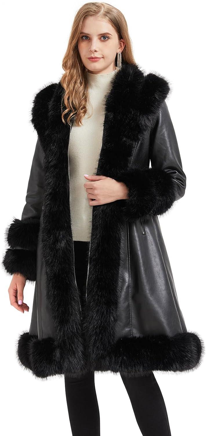 imageGRAN ORIENTE Womens Faux Leather Jacket with Faux Fur Collar Winter Long Sleeve Furry Trim Peplum Parka Coat with BeltBlack Long Zipper