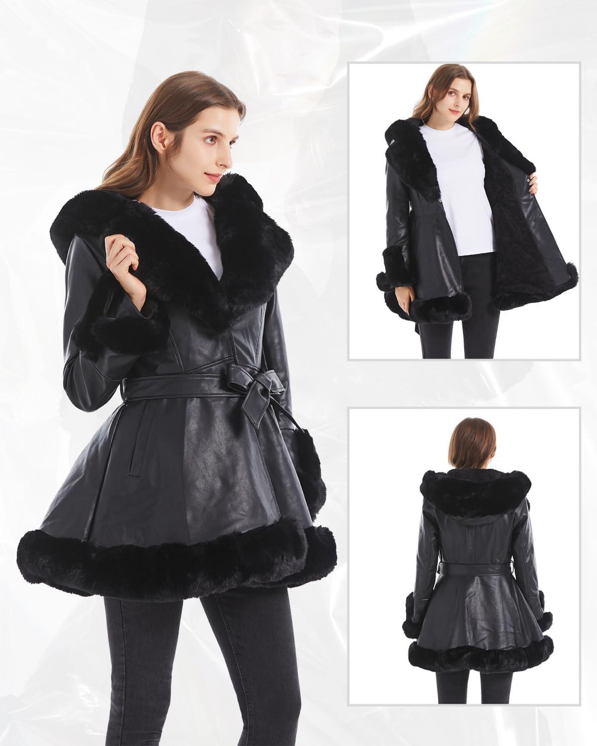 imageGRAN ORIENTE Womens Faux Leather Jacket with Faux Fur Collar Winter Long Sleeve Furry Trim Peplum Parka Coat with BeltBlack With Hood