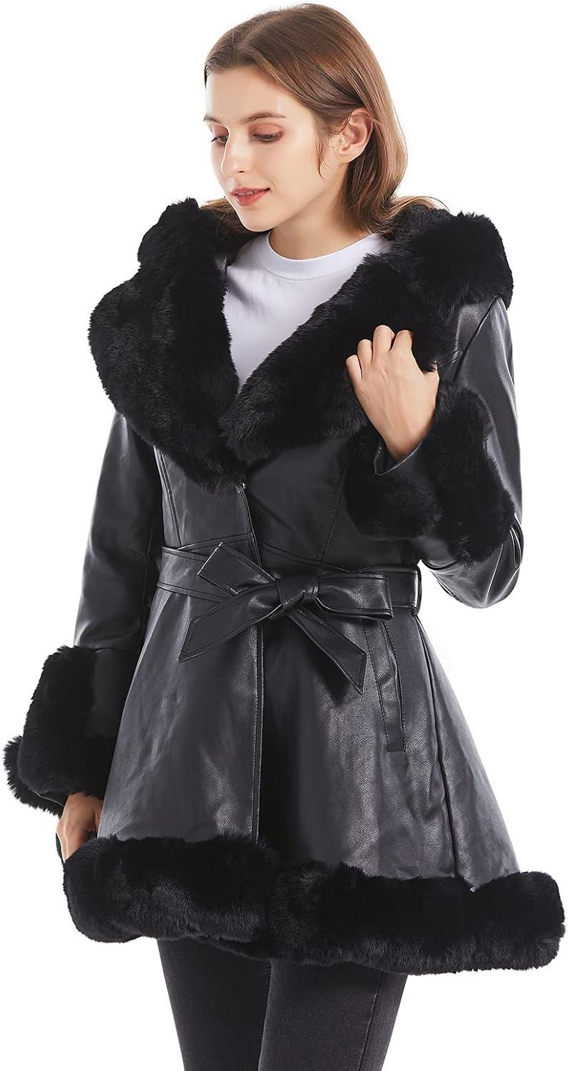 imageGRAN ORIENTE Womens Faux Leather Jacket with Faux Fur Collar Winter Long Sleeve Furry Trim Peplum Parka Coat with BeltBlack With Hood