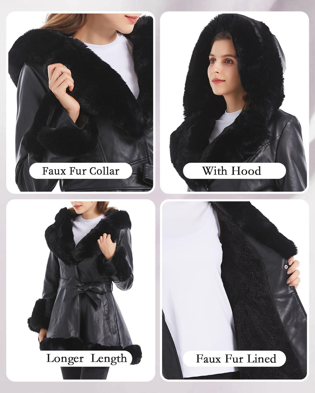 imageGRAN ORIENTE Womens Faux Leather Jacket with Faux Fur Collar Winter Long Sleeve Furry Trim Peplum Parka Coat with BeltBlack With Hood