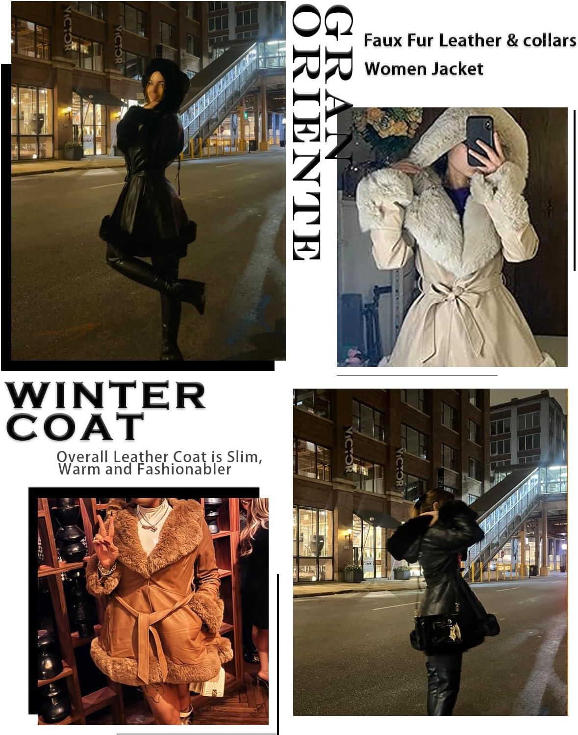 imageGRAN ORIENTE Womens Faux Leather Jacket with Faux Fur Collar Winter Long Sleeve Furry Trim Peplum Parka Coat with BeltBlack With Hood