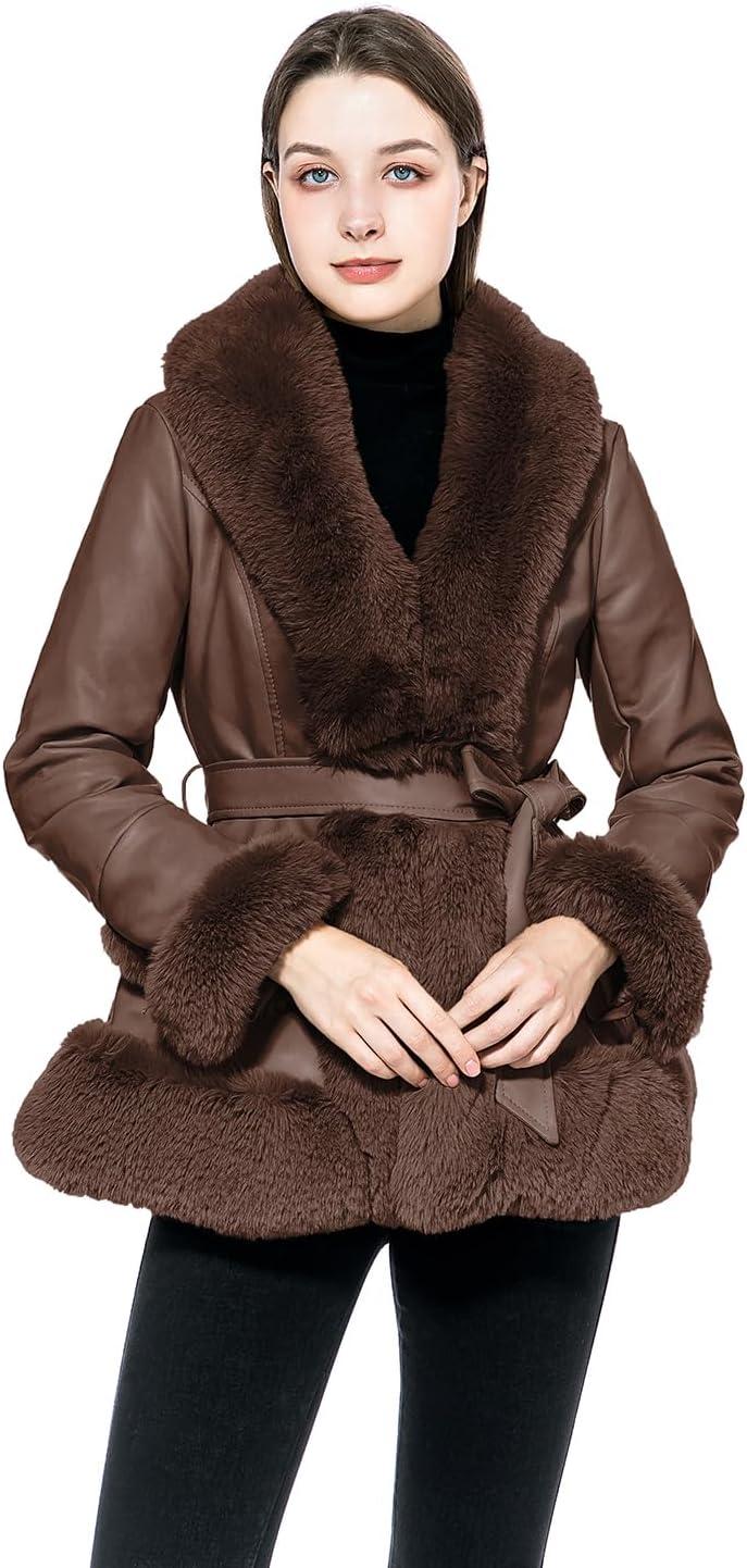 imageGRAN ORIENTE Womens Faux Leather Jacket with Faux Fur Collar Winter Long Sleeve Furry Trim Peplum Parka Coat with BeltBrown