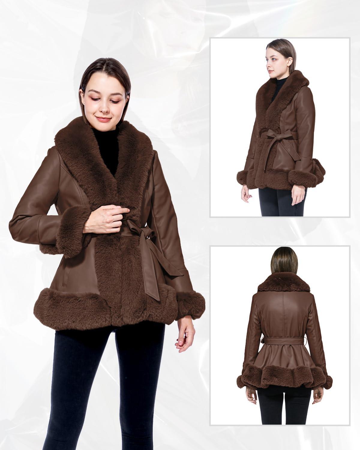 imageGRAN ORIENTE Womens Faux Leather Jacket with Faux Fur Collar Winter Long Sleeve Furry Trim Peplum Parka Coat with BeltBrown