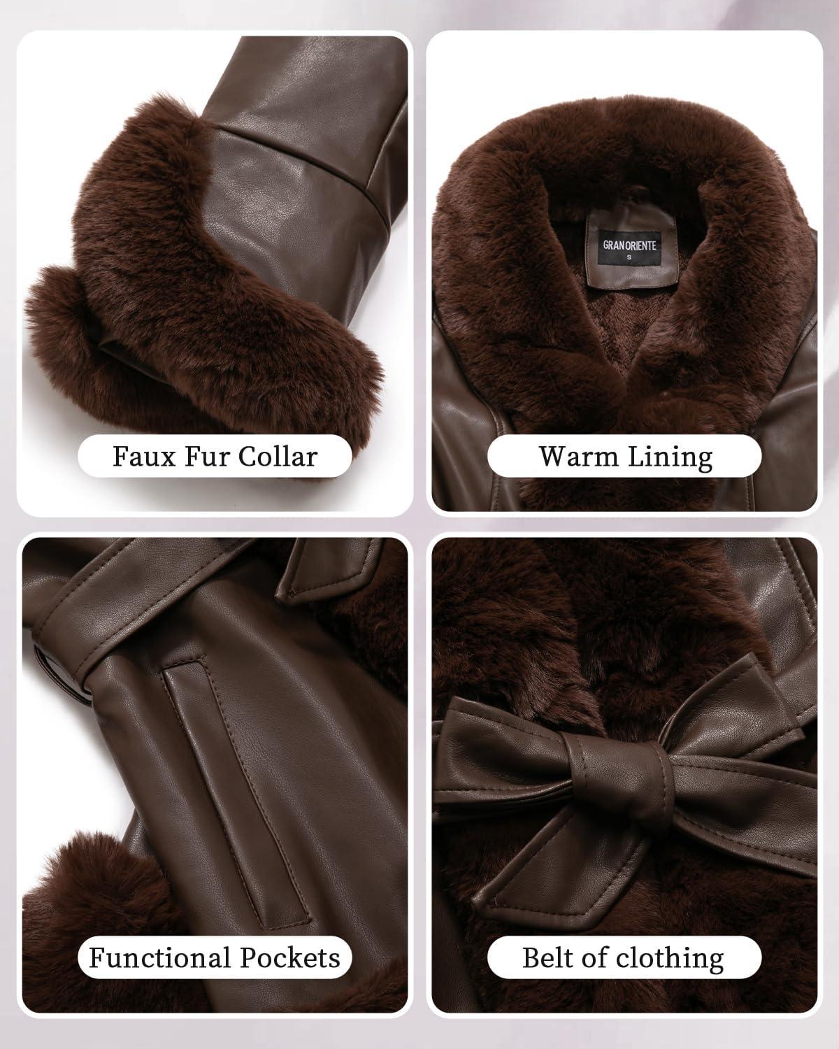 imageGRAN ORIENTE Womens Faux Leather Jacket with Faux Fur Collar Winter Long Sleeve Furry Trim Peplum Parka Coat with BeltBrown