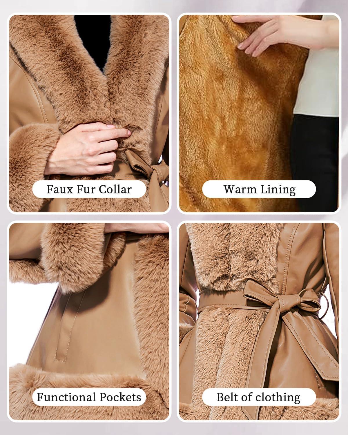 imageGRAN ORIENTE Womens Faux Leather Jacket with Faux Fur Collar Winter Long Sleeve Furry Trim Peplum Parka Coat with BeltCamel