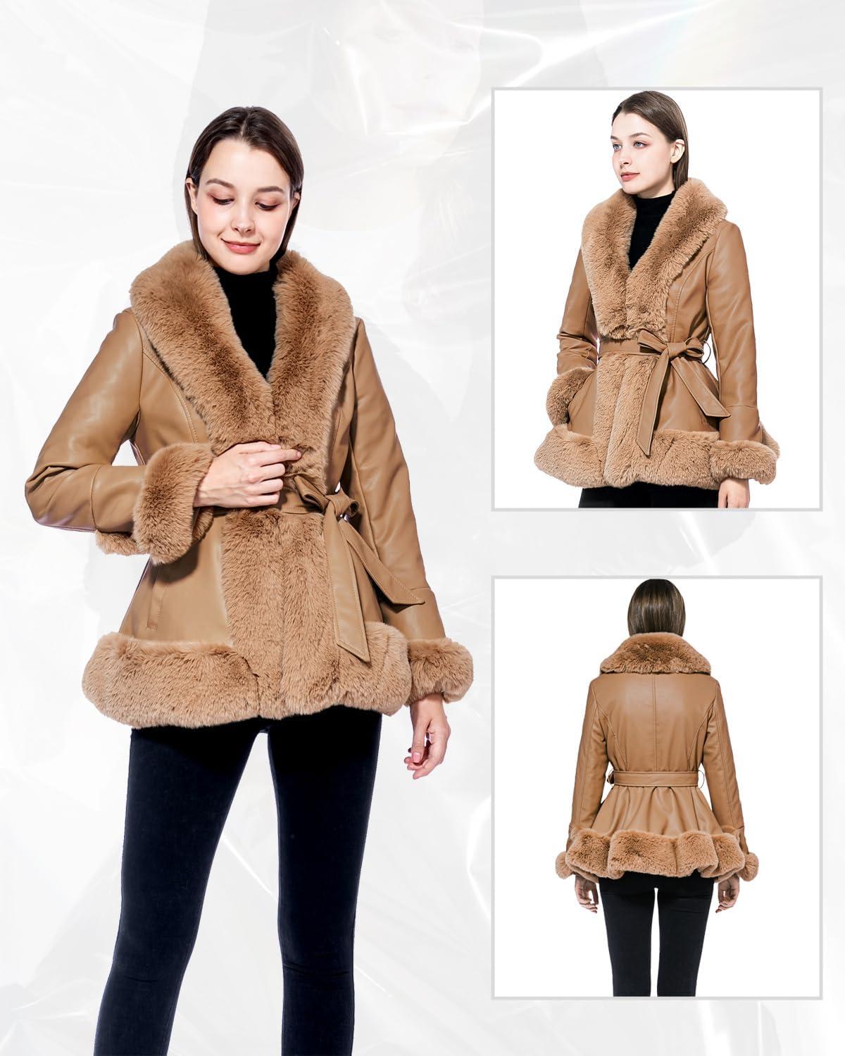 imageGRAN ORIENTE Womens Faux Leather Jacket with Faux Fur Collar Winter Long Sleeve Furry Trim Peplum Parka Coat with BeltCamel