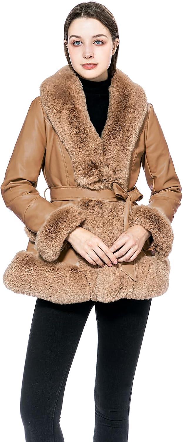 imageGRAN ORIENTE Womens Faux Leather Jacket with Faux Fur Collar Winter Long Sleeve Furry Trim Peplum Parka Coat with BeltCamel