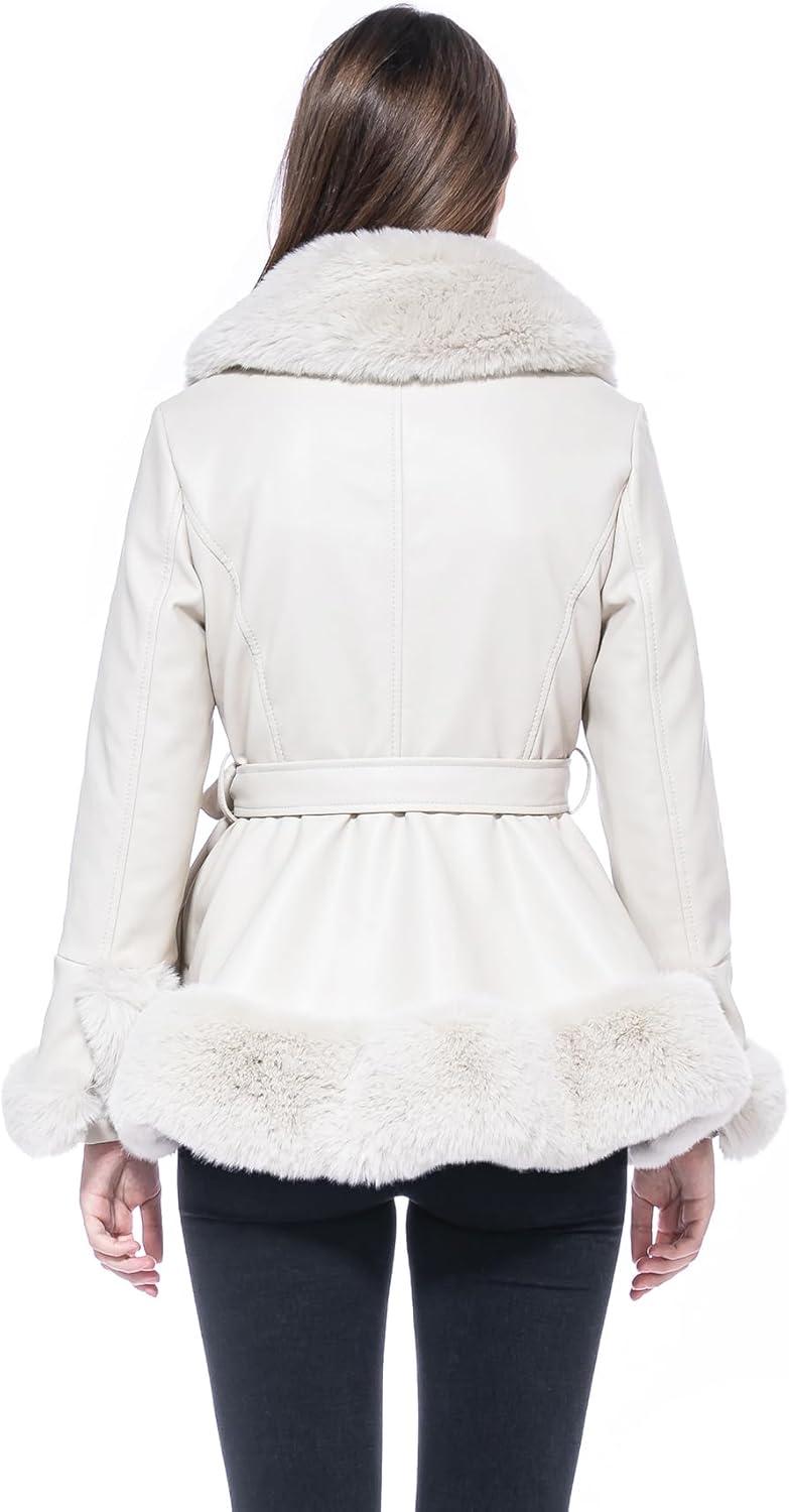 imageGRAN ORIENTE Womens Faux Leather Jacket with Faux Fur Collar Winter Long Sleeve Furry Trim Peplum Parka Coat with BeltWhite