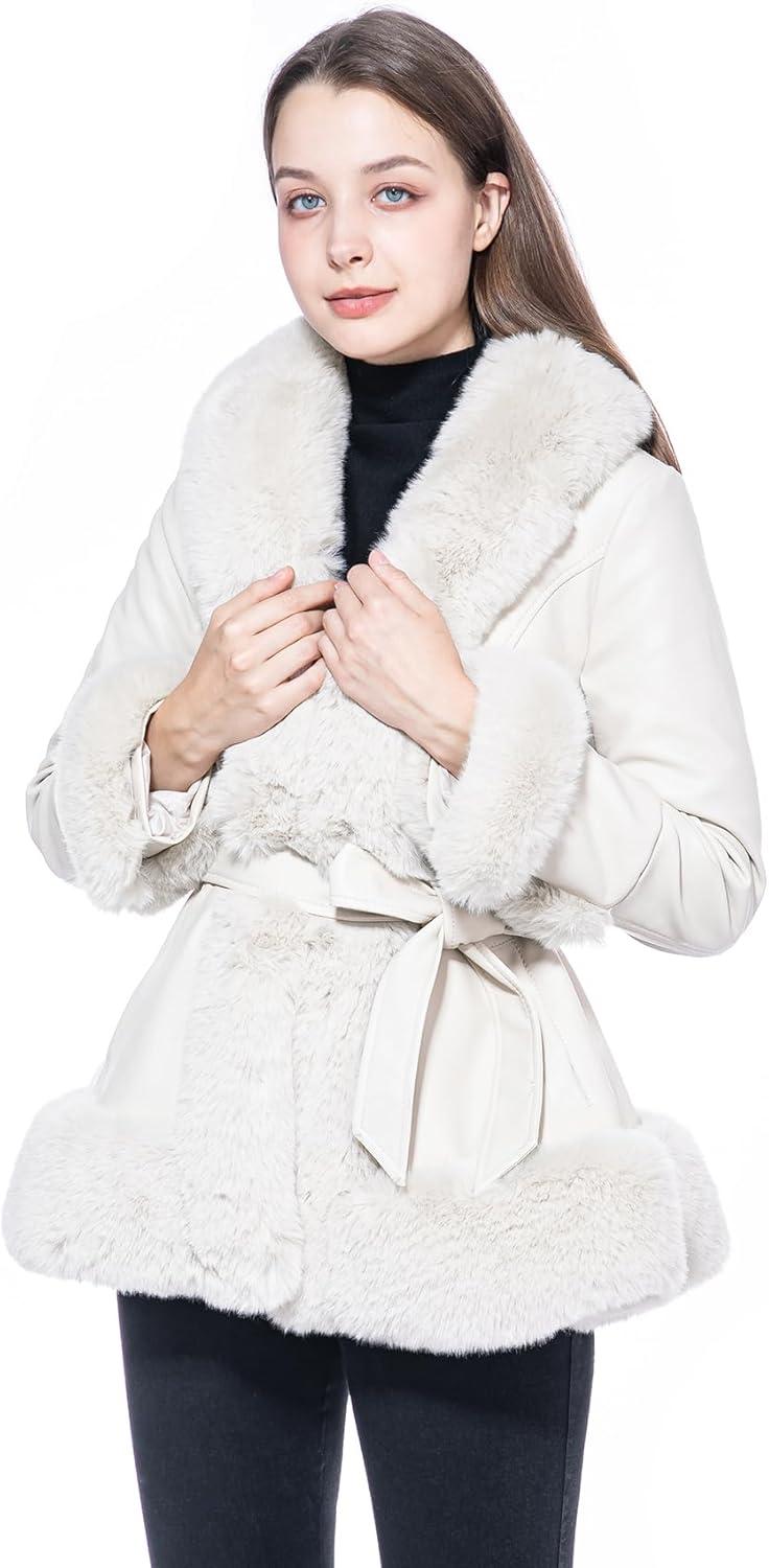 imageGRAN ORIENTE Womens Faux Leather Jacket with Faux Fur Collar Winter Long Sleeve Furry Trim Peplum Parka Coat with BeltWhite