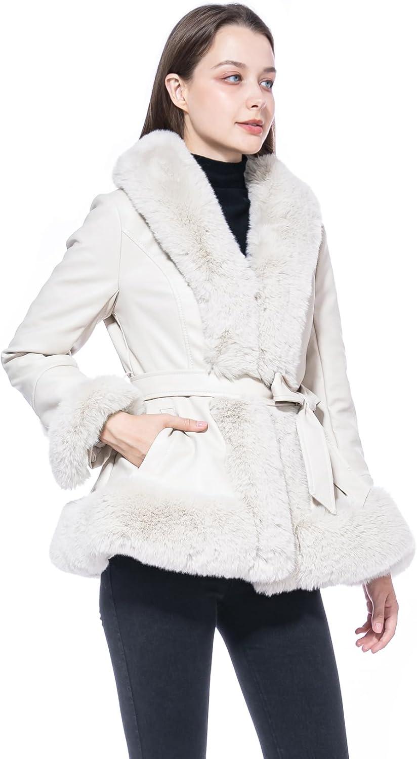 imageGRAN ORIENTE Womens Faux Leather Jacket with Faux Fur Collar Winter Long Sleeve Furry Trim Peplum Parka Coat with BeltWhite