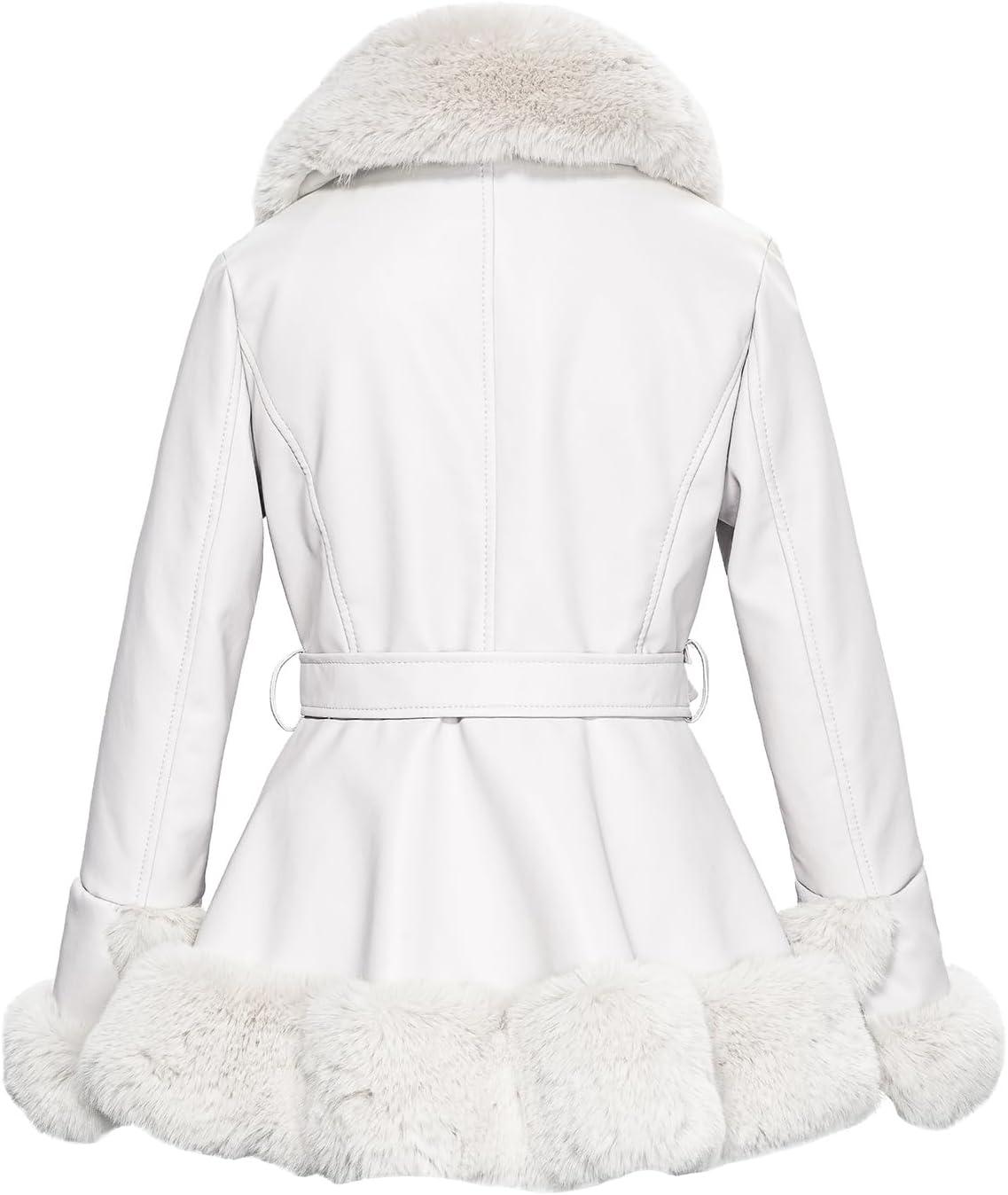 imageGRAN ORIENTE Womens Faux Leather Jacket with Faux Fur Collar Winter Long Sleeve Furry Trim Peplum Parka Coat with BeltWhite