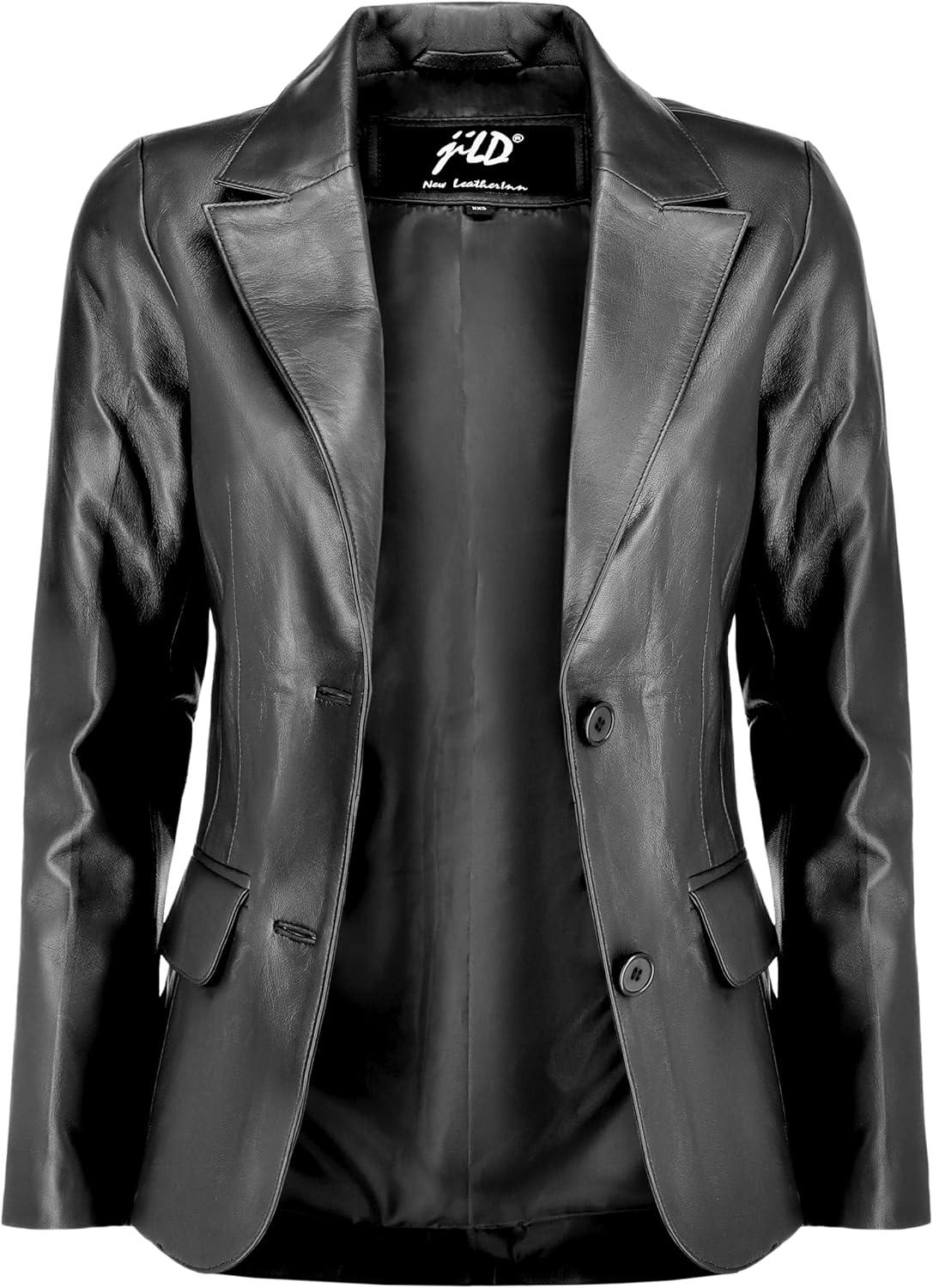 imageJild Classic 2Button Lambskin Leather Blazer Women Casual Coat Long Sleeves Suit Style Leather Jacket WomenBlack
