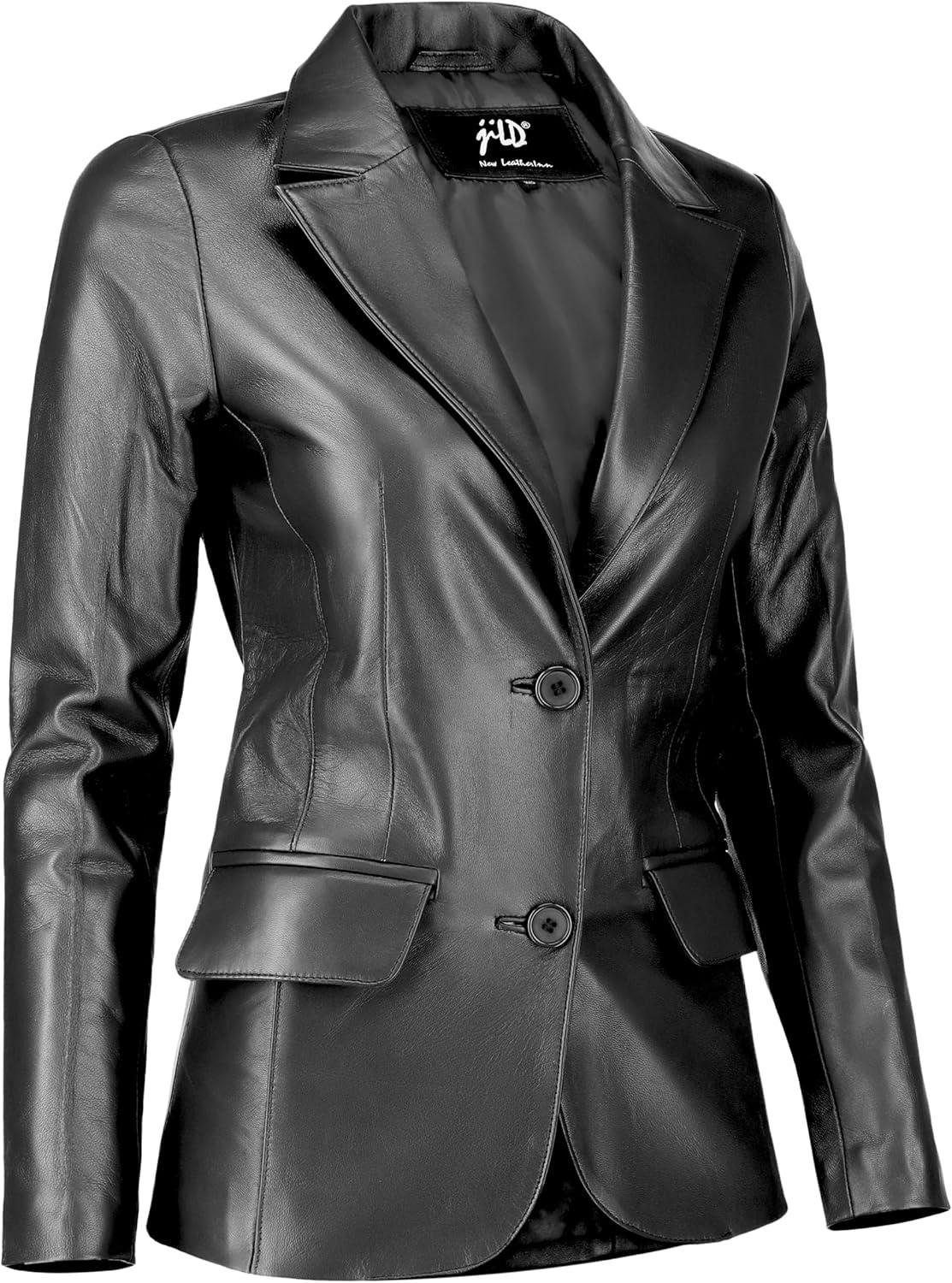 imageJild Classic 2Button Lambskin Leather Blazer Women Casual Coat Long Sleeves Suit Style Leather Jacket WomenBlack