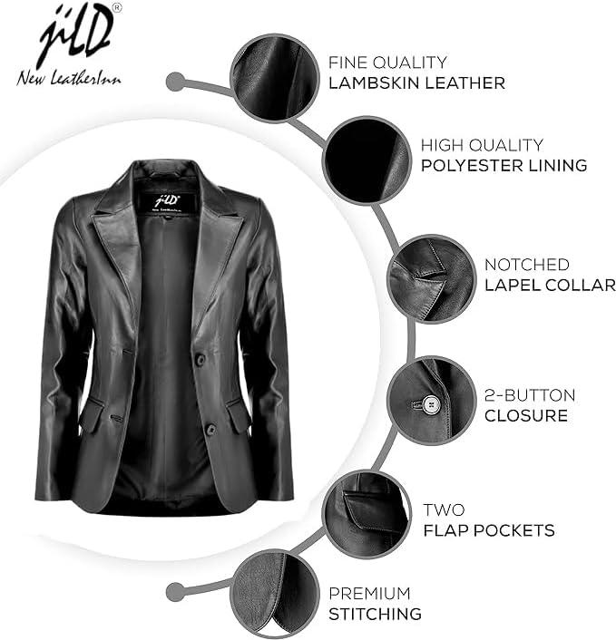 imageJild Classic 2Button Lambskin Leather Blazer Women Casual Coat Long Sleeves Suit Style Leather Jacket WomenBlack