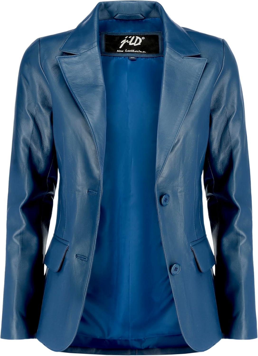 imageJild Classic 2Button Lambskin Leather Blazer Women Casual Coat Long Sleeves Suit Style Leather Jacket WomenBlue