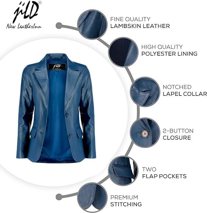 imageJild Classic 2Button Lambskin Leather Blazer Women Casual Coat Long Sleeves Suit Style Leather Jacket WomenBlue
