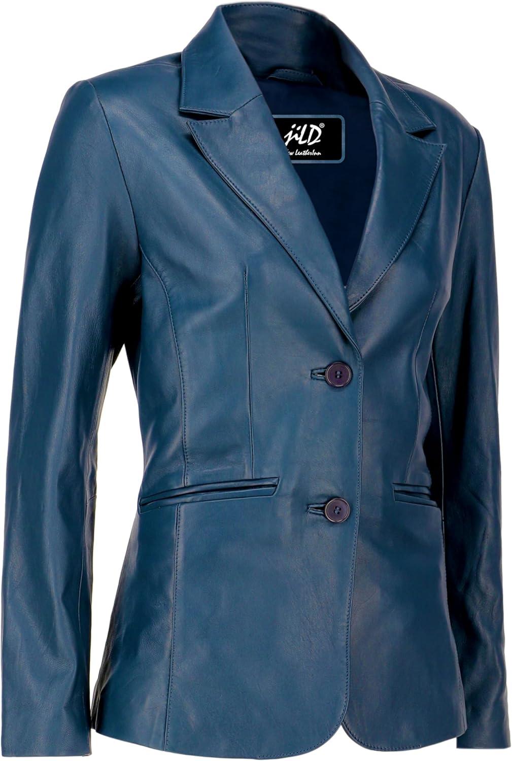 imageJild Classic 2Button Lambskin Leather Blazer Women Casual Coat Long Sleeves Suit Style Leather Jacket WomenBlue