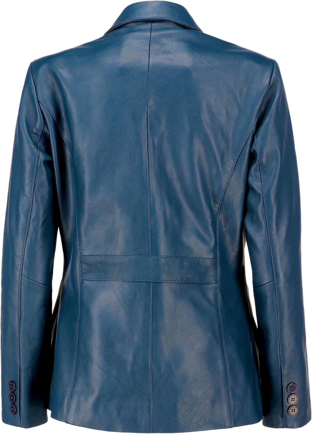 imageJild Classic 2Button Lambskin Leather Blazer Women Casual Coat Long Sleeves Suit Style Leather Jacket WomenBlue