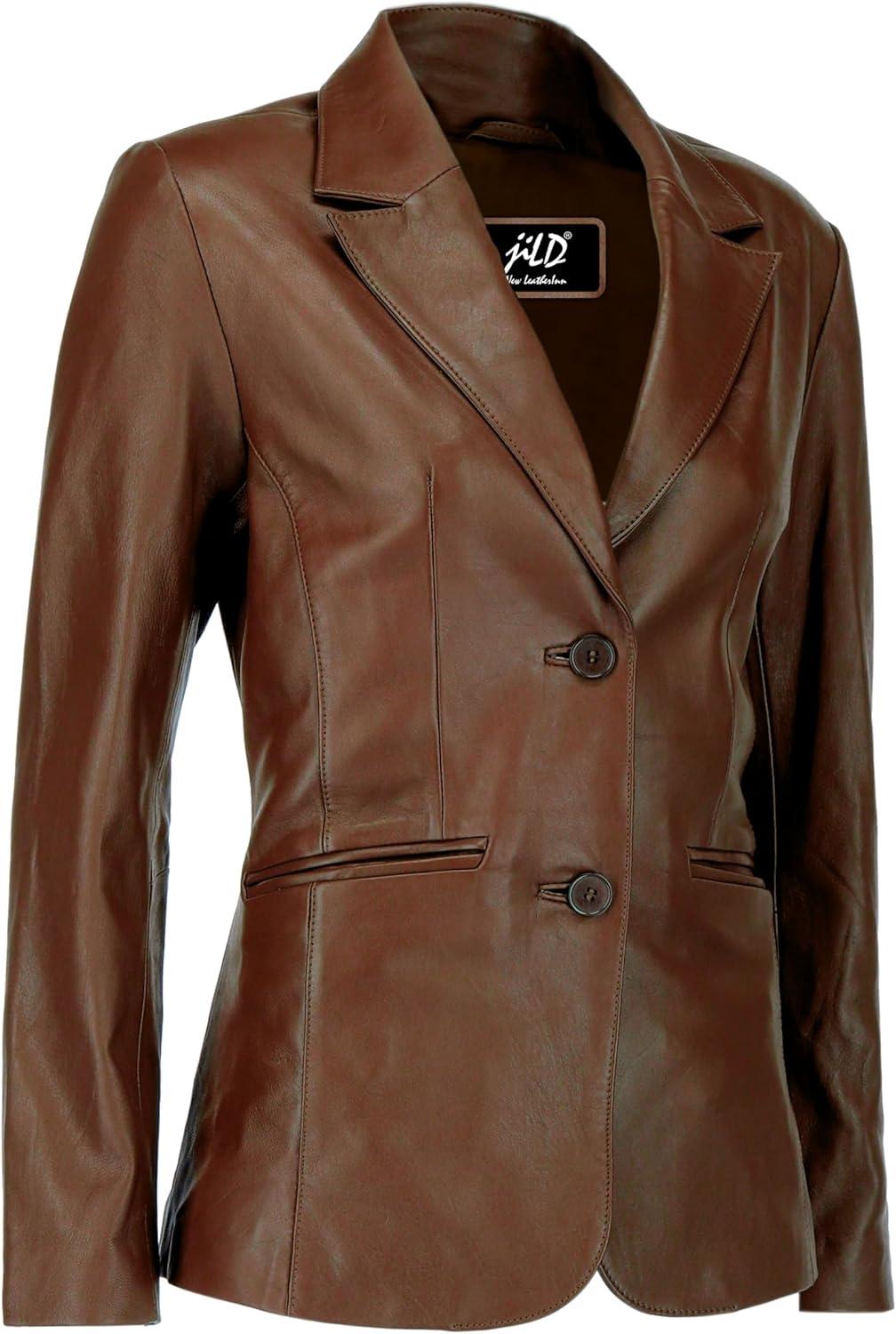 imageJild Classic 2Button Lambskin Leather Blazer Women Casual Coat Long Sleeves Suit Style Leather Jacket WomenBrown