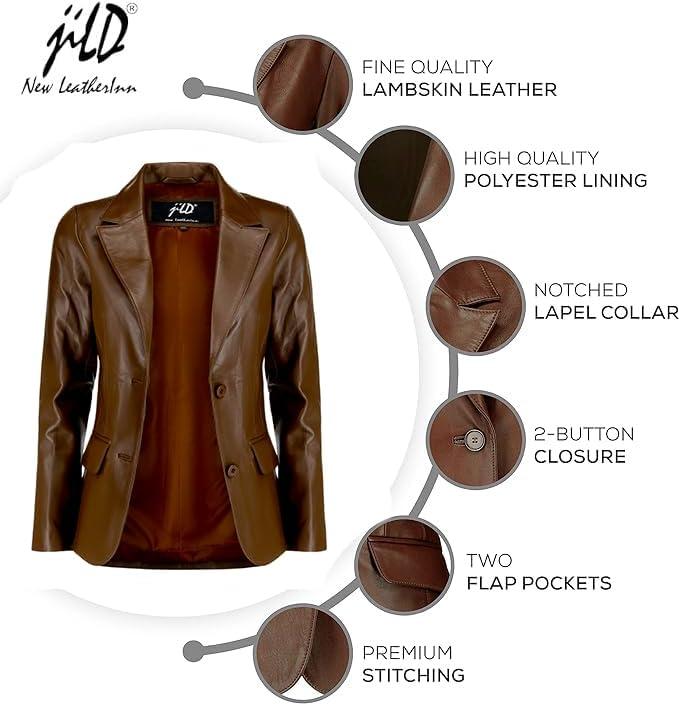imageJild Classic 2Button Lambskin Leather Blazer Women Casual Coat Long Sleeves Suit Style Leather Jacket WomenBrown