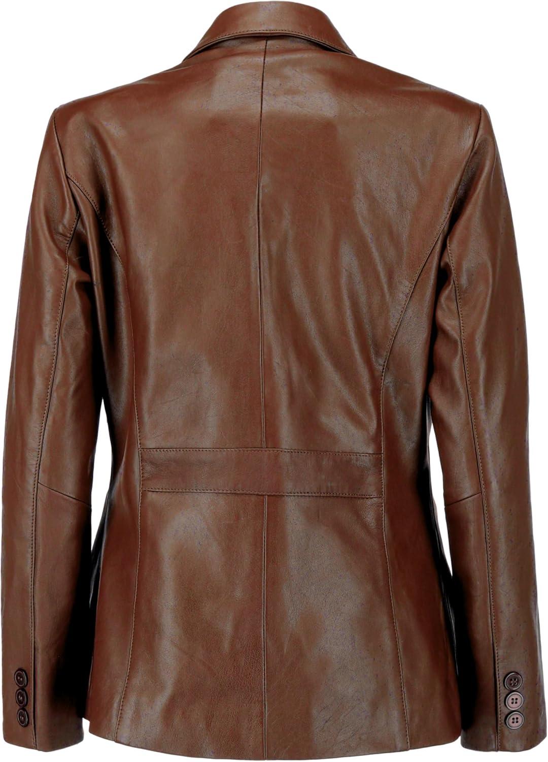 imageJild Classic 2Button Lambskin Leather Blazer Women Casual Coat Long Sleeves Suit Style Leather Jacket WomenBrown