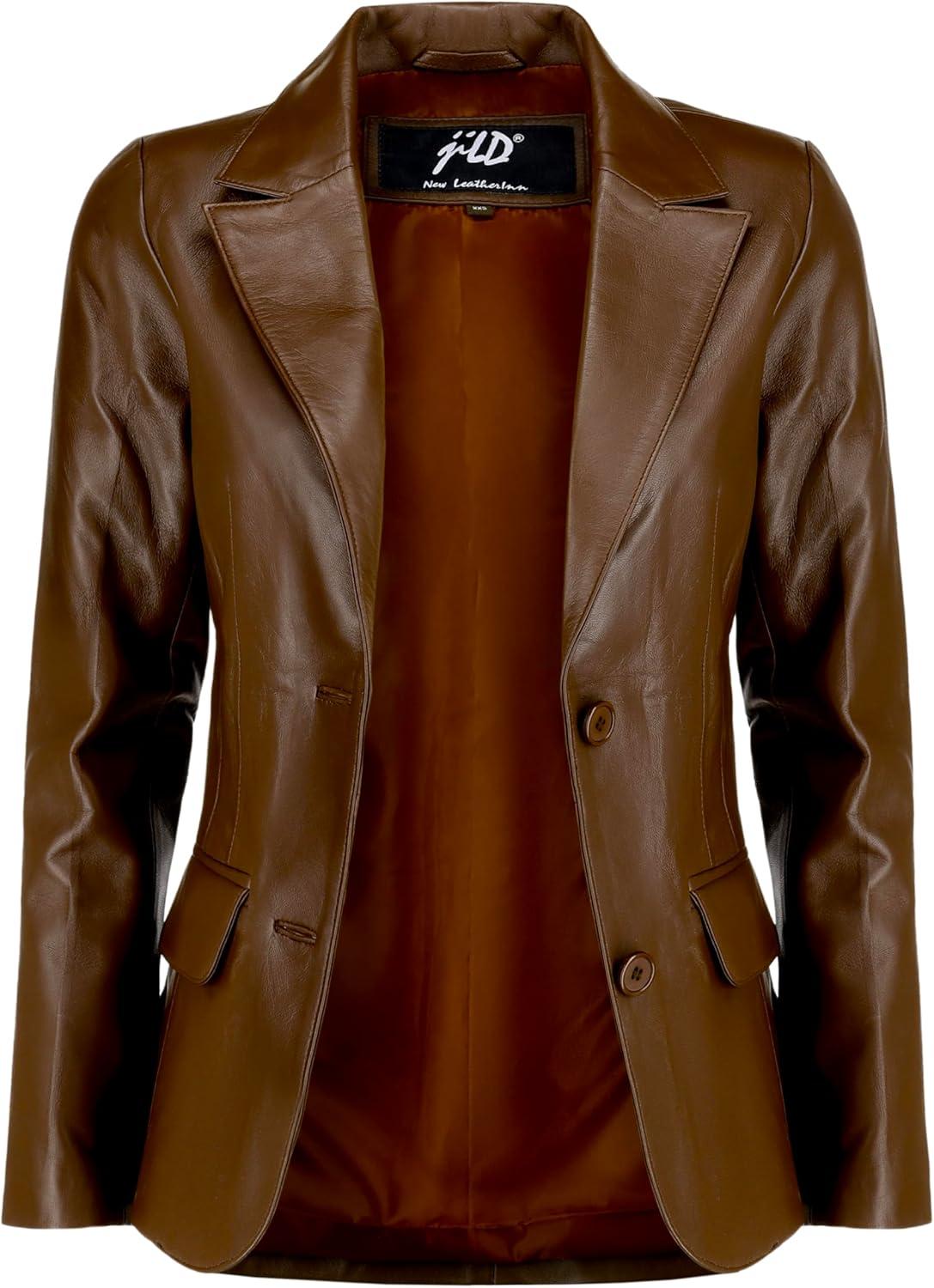imageJild Classic 2Button Lambskin Leather Blazer Women Casual Coat Long Sleeves Suit Style Leather Jacket WomenBrown