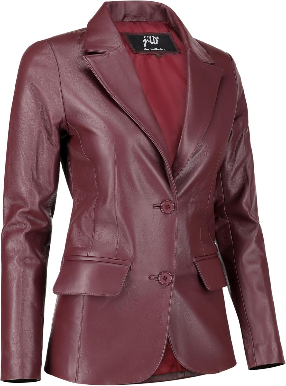 imageJild Classic 2Button Lambskin Leather Blazer Women Casual Coat Long Sleeves Suit Style Leather Jacket WomenBurgandy
