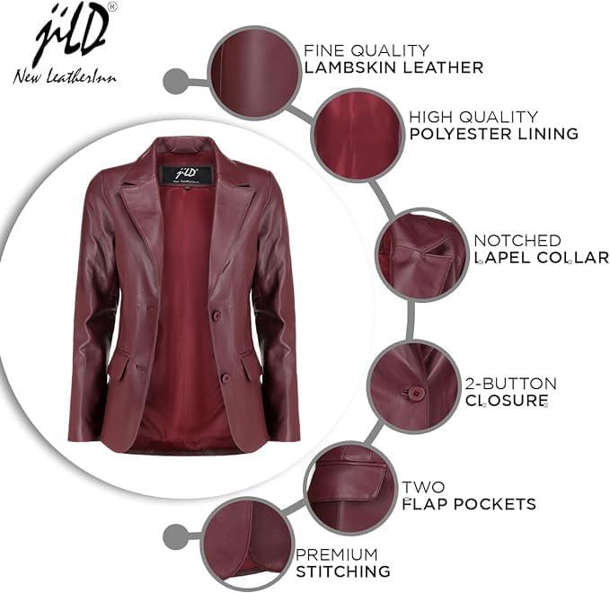 imageJild Classic 2Button Lambskin Leather Blazer Women Casual Coat Long Sleeves Suit Style Leather Jacket WomenBurgandy