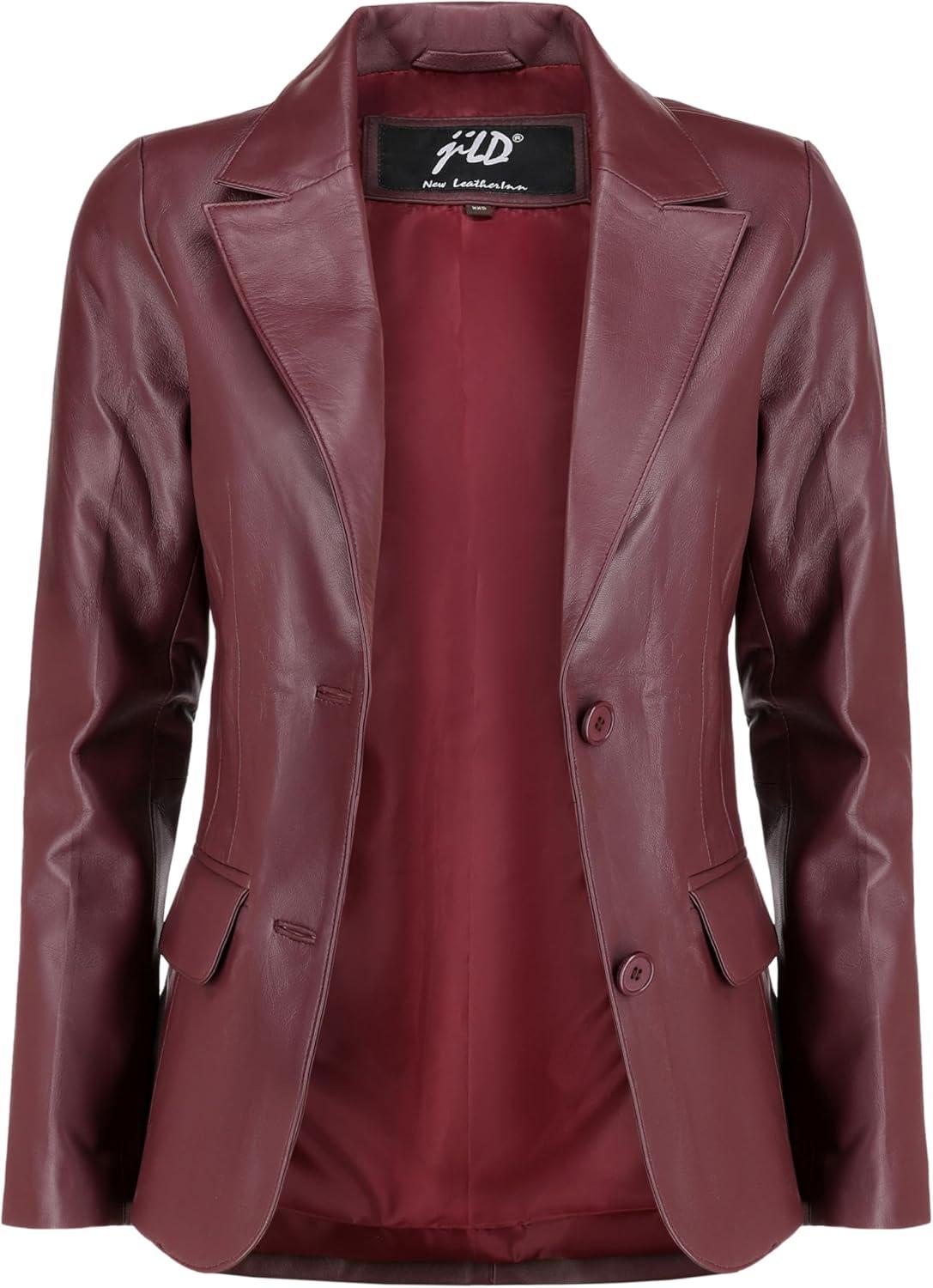 imageJild Classic 2Button Lambskin Leather Blazer Women Casual Coat Long Sleeves Suit Style Leather Jacket WomenBurgandy