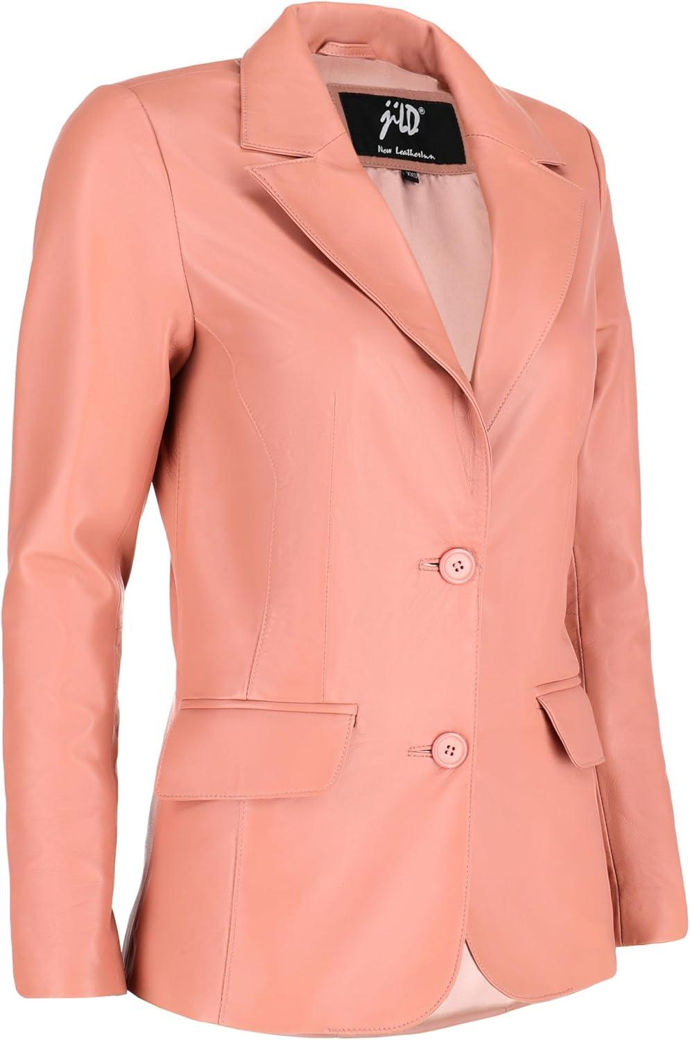 imageJild Classic 2Button Lambskin Leather Blazer Women Casual Coat Long Sleeves Suit Style Leather Jacket WomenPink