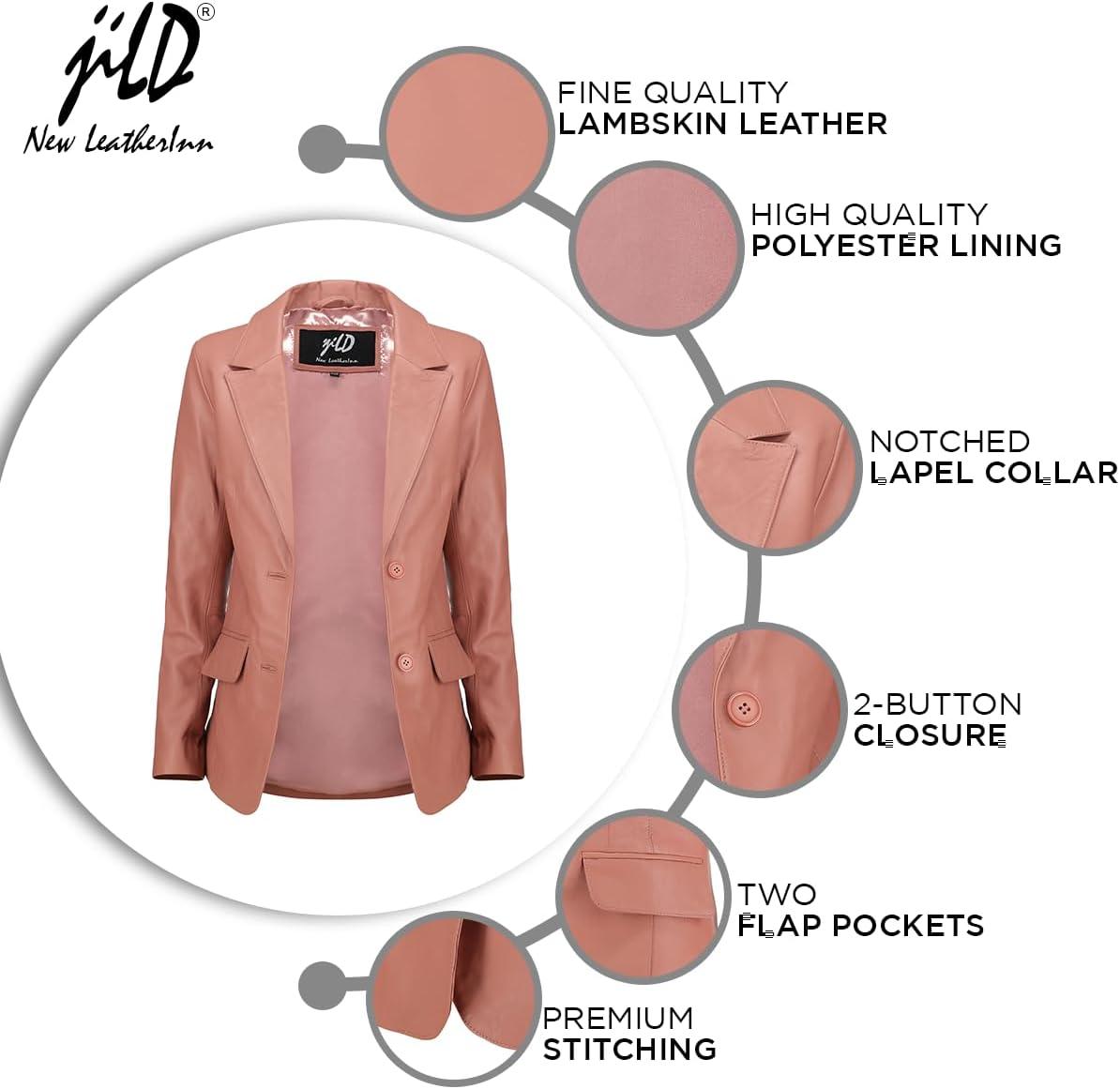 imageJild Classic 2Button Lambskin Leather Blazer Women Casual Coat Long Sleeves Suit Style Leather Jacket WomenPink