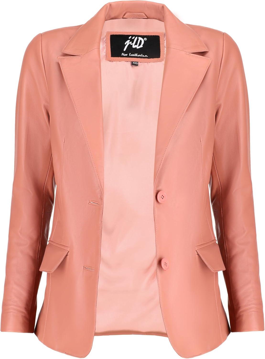 imageJild Classic 2Button Lambskin Leather Blazer Women Casual Coat Long Sleeves Suit Style Leather Jacket WomenPink