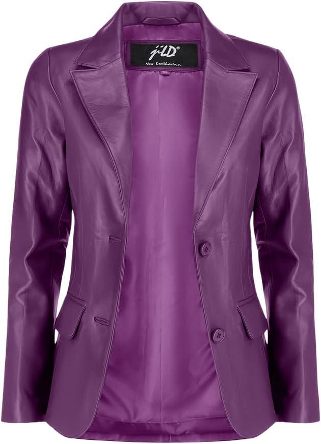 imageJild Classic 2Button Lambskin Leather Blazer Women Casual Coat Long Sleeves Suit Style Leather Jacket WomenPurple