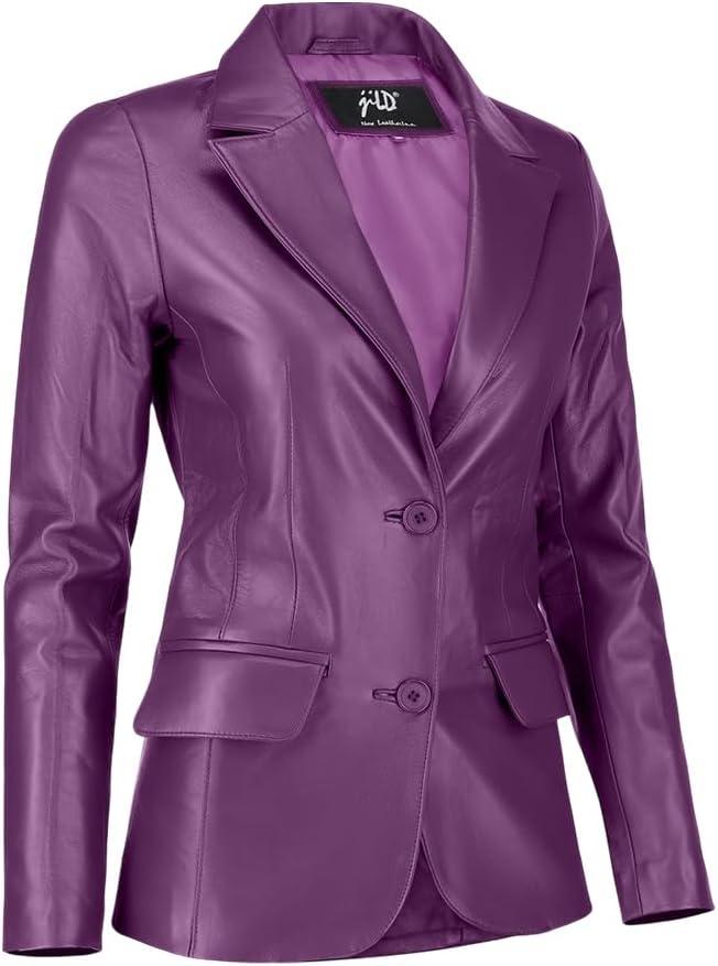 imageJild Classic 2Button Lambskin Leather Blazer Women Casual Coat Long Sleeves Suit Style Leather Jacket WomenPurple