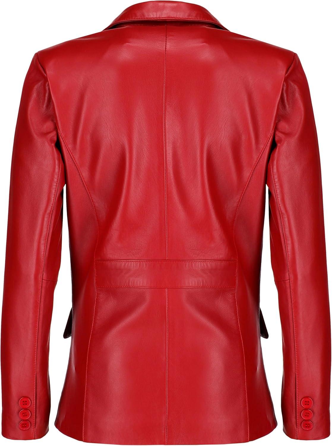 imageJild Classic 2Button Lambskin Leather Blazer Women Casual Coat Long Sleeves Suit Style Leather Jacket WomenRed