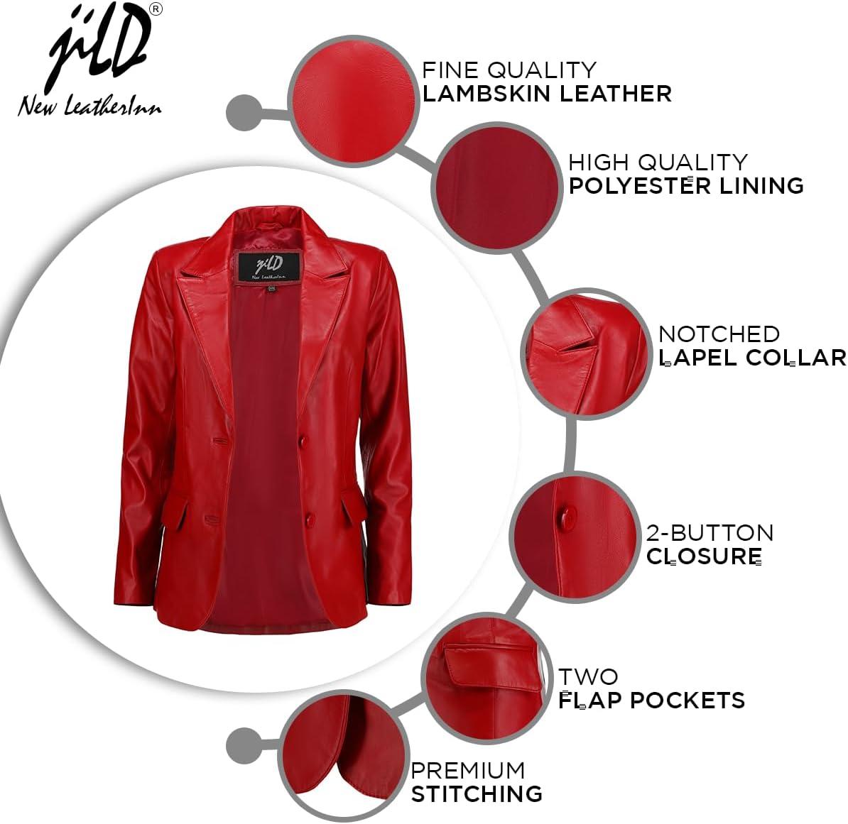 imageJild Classic 2Button Lambskin Leather Blazer Women Casual Coat Long Sleeves Suit Style Leather Jacket WomenRed