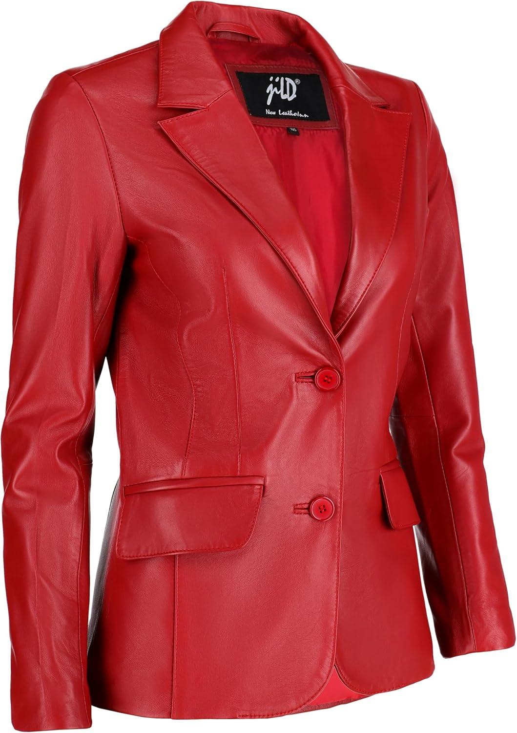 imageJild Classic 2Button Lambskin Leather Blazer Women Casual Coat Long Sleeves Suit Style Leather Jacket WomenRed