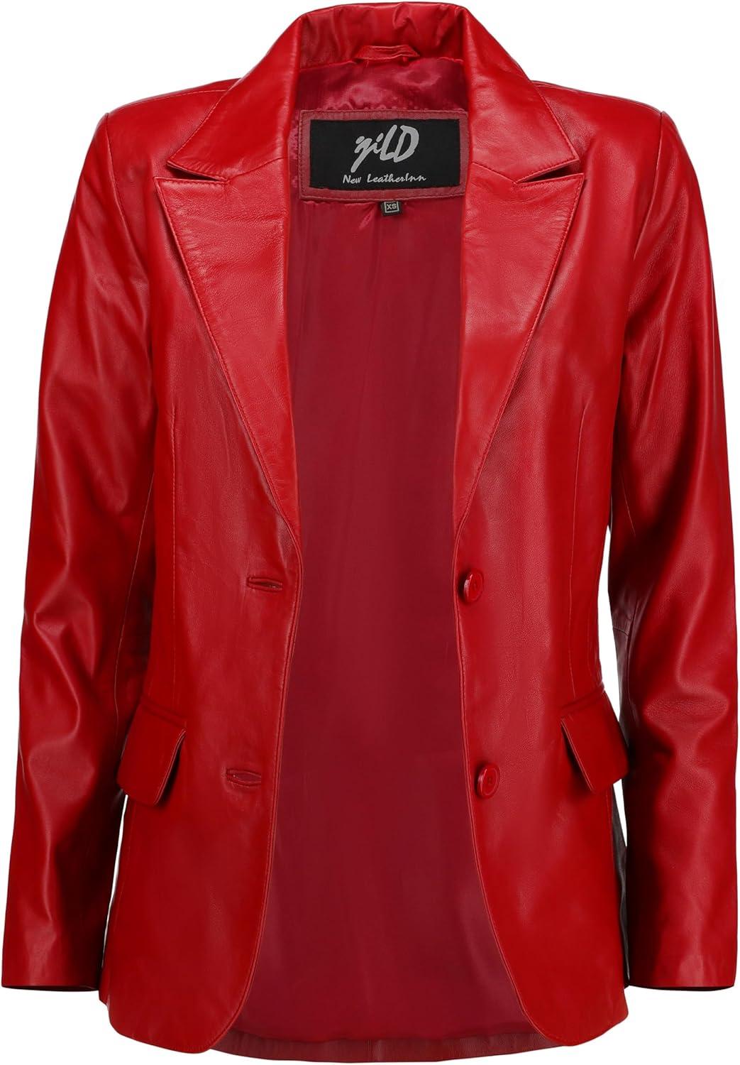imageJild Classic 2Button Lambskin Leather Blazer Women Casual Coat Long Sleeves Suit Style Leather Jacket WomenRed
